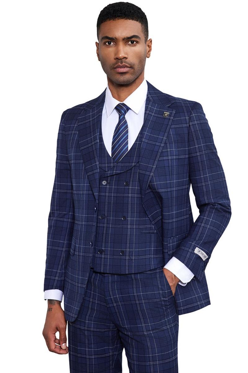 Men's Stacy Adams Vested Two Button Double Windowpane Plaid Suit in Navy - 38 Regular