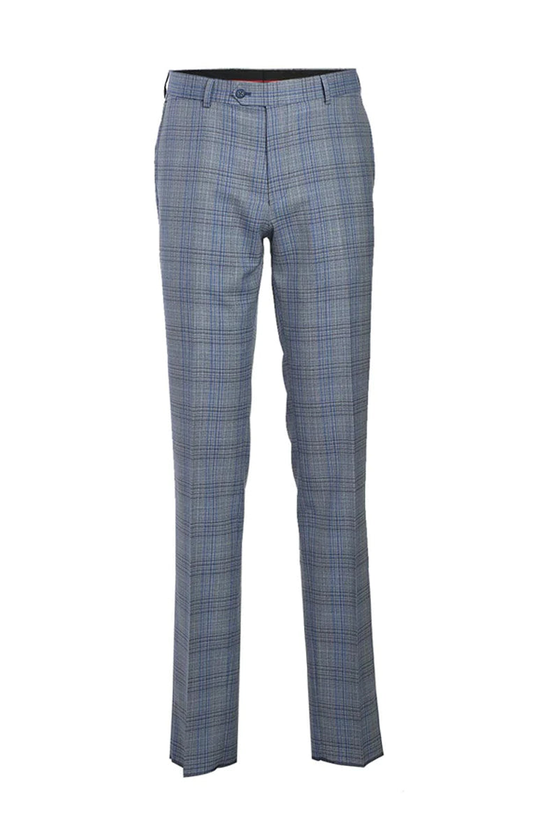 Mens Designer Two Button Slim Fit Notch Lapel Wool Suit in Light Grey & Blue Windowpane Plaid - 36S