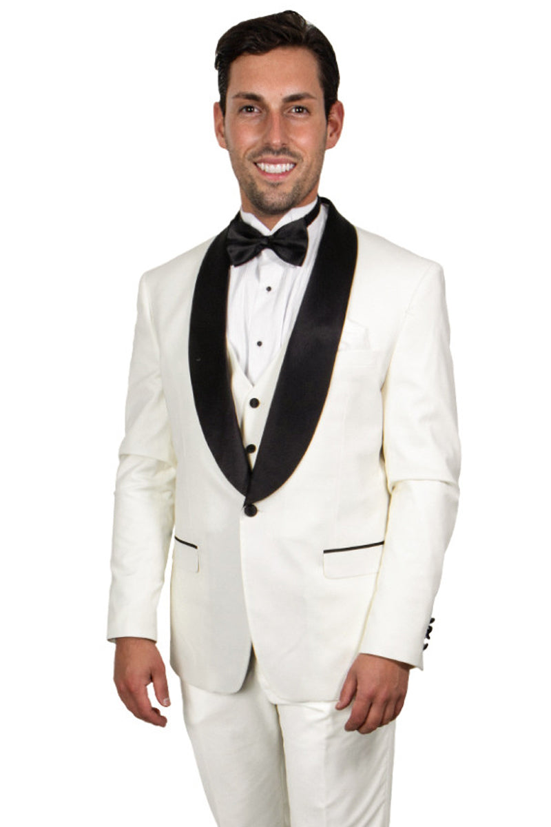 "Mens Stacy Adams Suit - Stacy Adams Suit Men's Ivory Tuxedo - Vested One Button Shawl Lapel" - 34 Regular