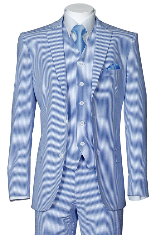 "Blue Seersucker Suit for Men - 2 Button Jacket + Pants Summer Style"