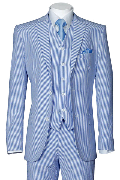 "Blue Seersucker Suit for Men - 2 Button Jacket + Pants Summer Style"