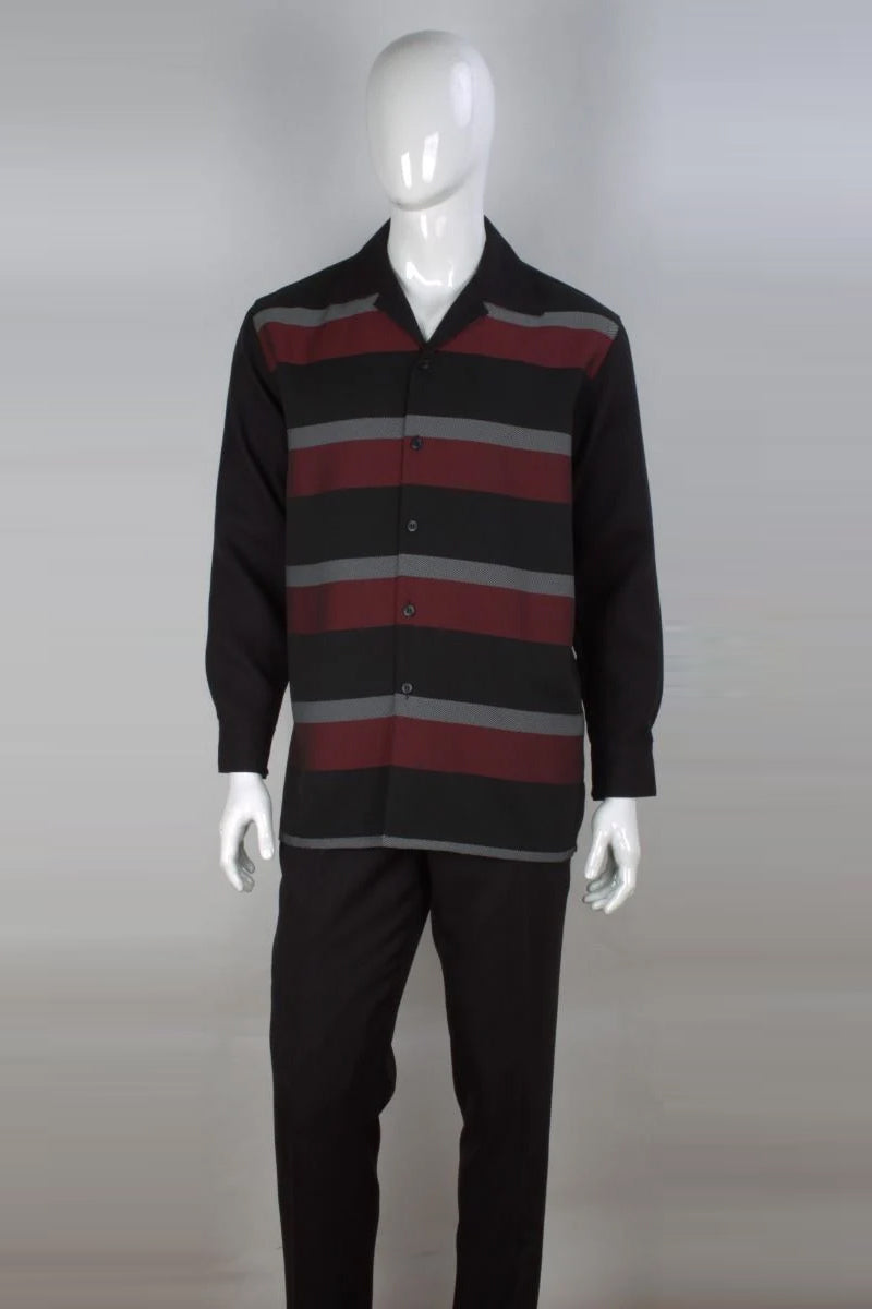 "Men's Striped Long Sleeve Walking Suit - Casual Leisure, Black & Red"