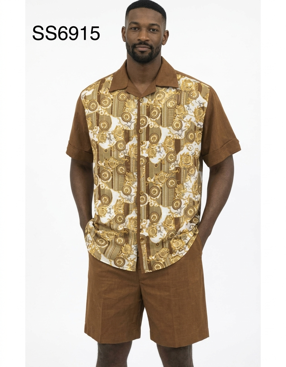 Men’s Brown Baroque Print Short Set – 2 Piece Casual Summer Outfit - S