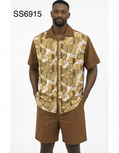 Men’s Brown Baroque Print Short Set – 2 Piece Casual Summer Outfit