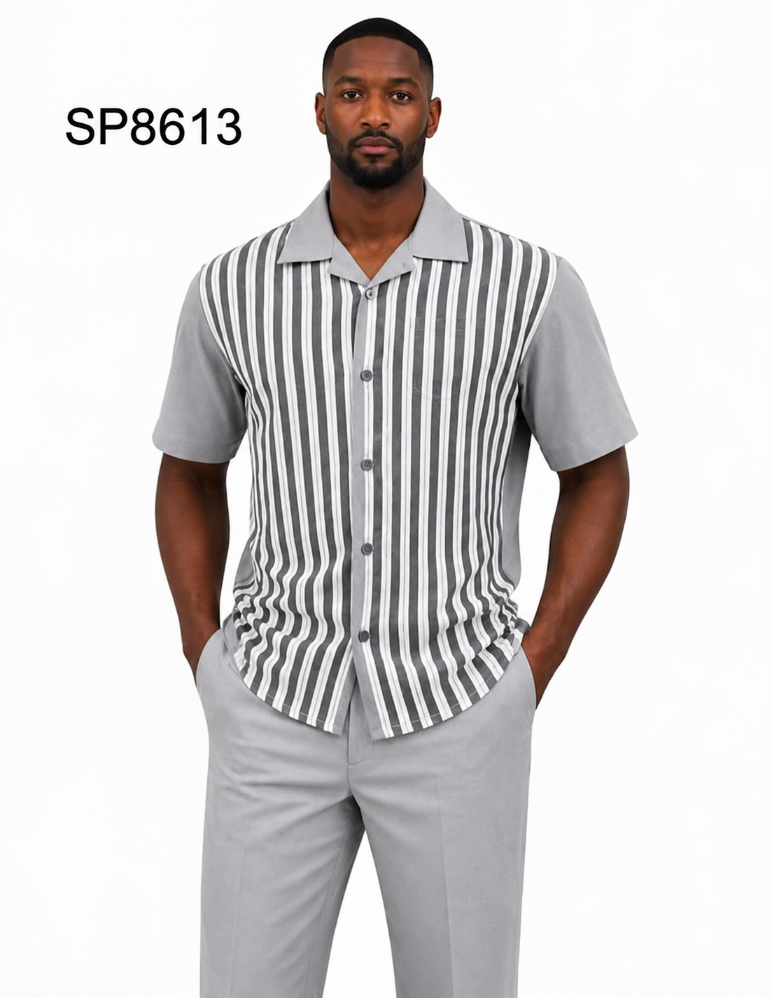 Men’s Light Gray Vertical Stripe Walking Suit Set – 2 Piece Short Sleeve Casual Outfit - S
