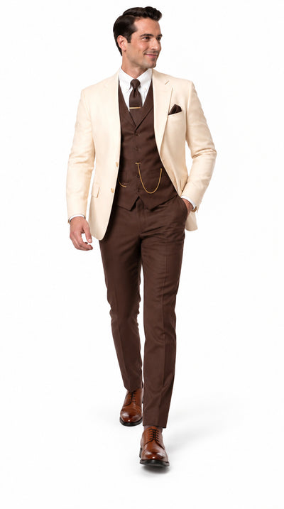 Great Gatsby 1920s Ivory Dinner Jacket with Brown Vest and Pants – Cream Off-White Collar Outfit