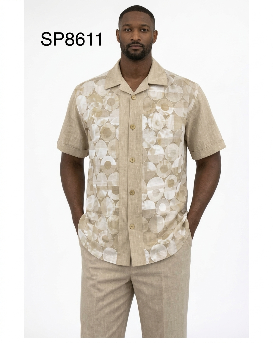 Men’s Beige Geometric Print Linen Walking Suit Set – 2 Piece Short Sleeve Casual Outfit - S