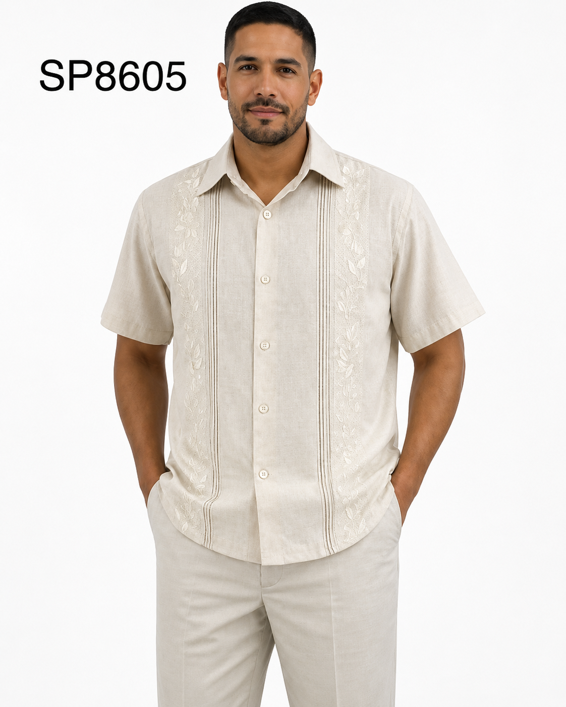 Men’s Stone Beige Embroidered Walking Suit Set – 2 Piece Short Sleeve Casual Outfit - S