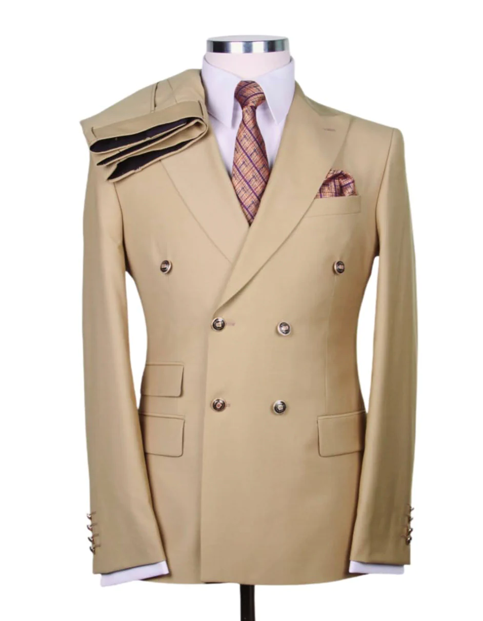 Best Mens Designer Modern Fit Double Breasted Wool Suit with Gold Buttons in Camel  - For Men  Fashion Perfect For Wedding or Prom or Business  or Church