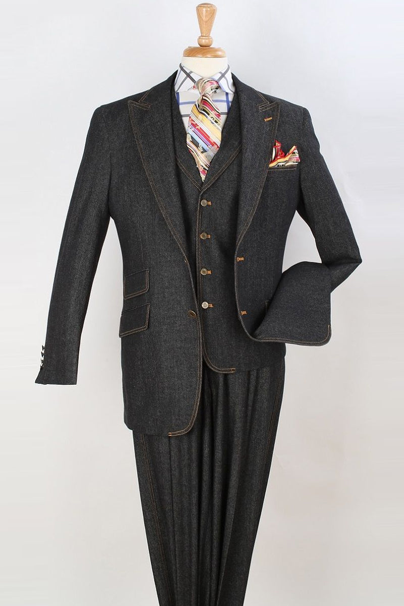 "Black Denim Vested Suit for Men - Two Button Peak Lapel"