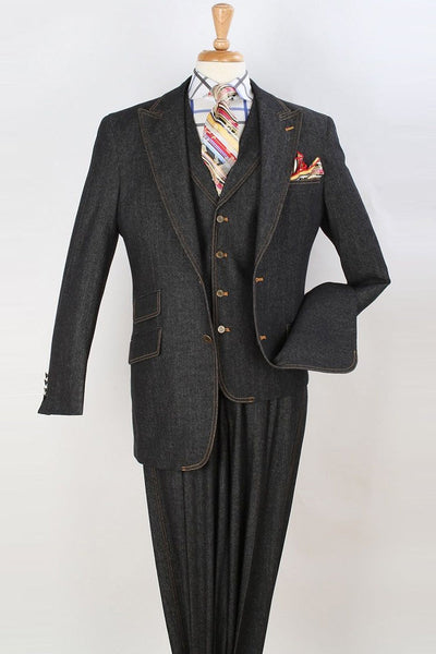 Apollo King Black Denim Suit: Two-Button Peak Lapel Vested