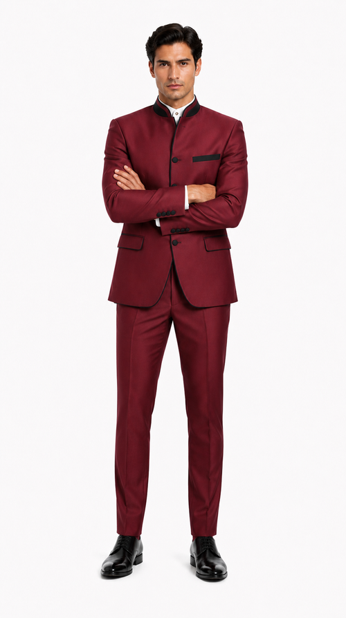 Wedding Groom Suit - Prom 2026 Tuxedo Suit - No Collar Weddig Tuxedo - Wine
