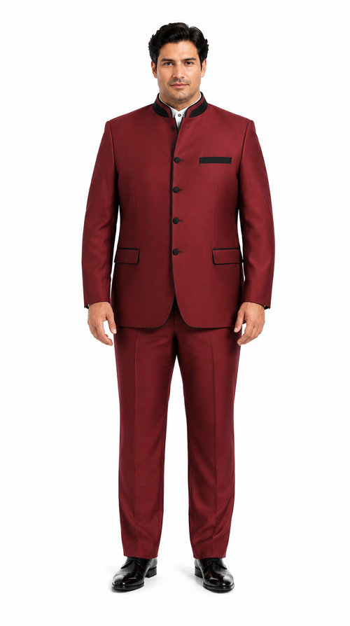 Wedding Groom Suit - Prom 2026 Tuxedo Suit - No Collar Weddig Tuxedo - Wine