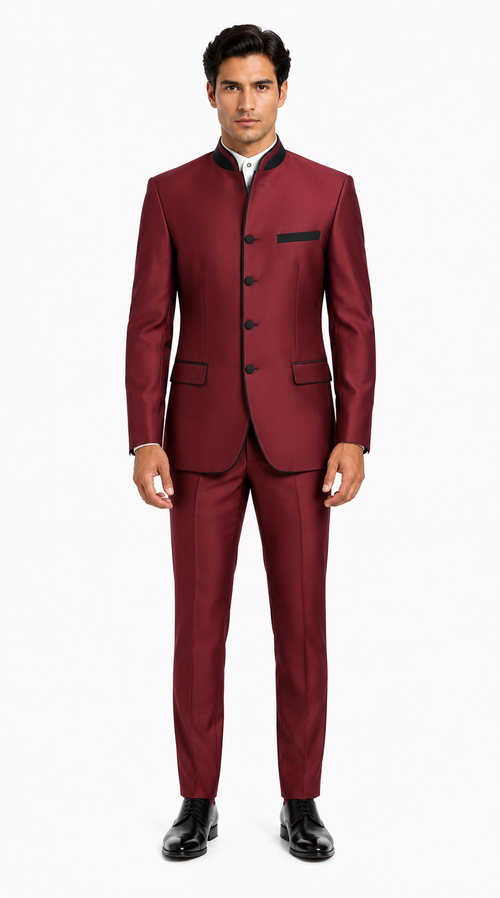 Wedding Groom Suit - Prom 2026 Tuxedo Suit - No Collar Weddig Tuxedo - Wine