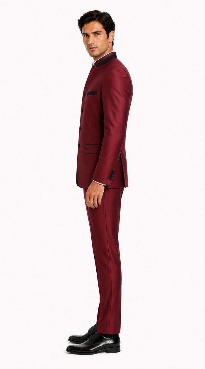 Wedding Groom Suit - Prom 2026 Tuxedo Suit - No Collar Weddig Tuxedo - Wine