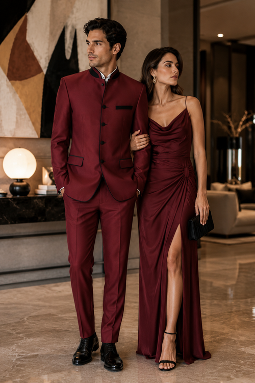 Wedding Groom Suit - Prom 2026 Tuxedo Suit - No Collar Weddig Tuxedo - Wine