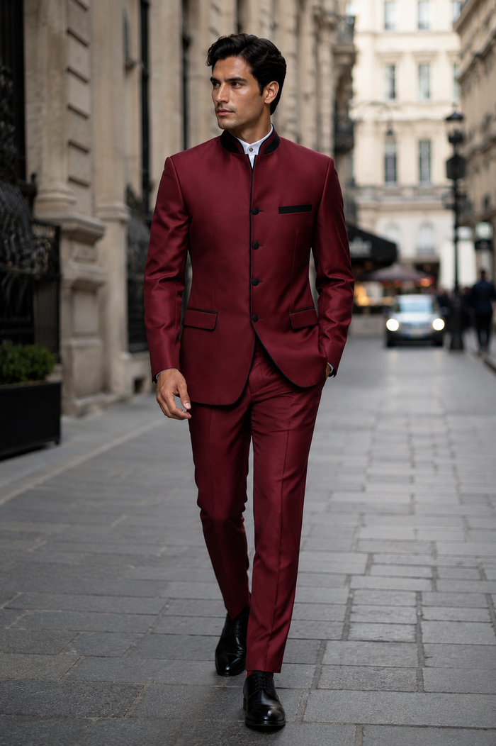 Wedding Groom Suit - Prom 2026 Tuxedo Suit - No Collar Weddig Tuxedo - Wine