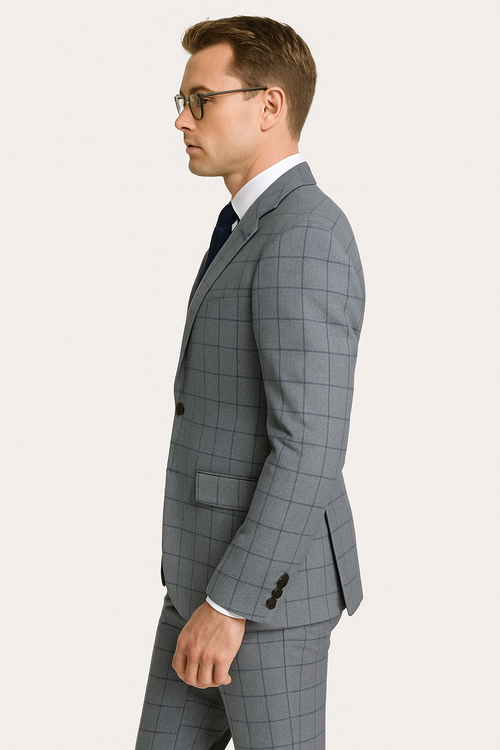 Gray Groomsmen Suits Mens Slim Fit Window Pane Suit Grey