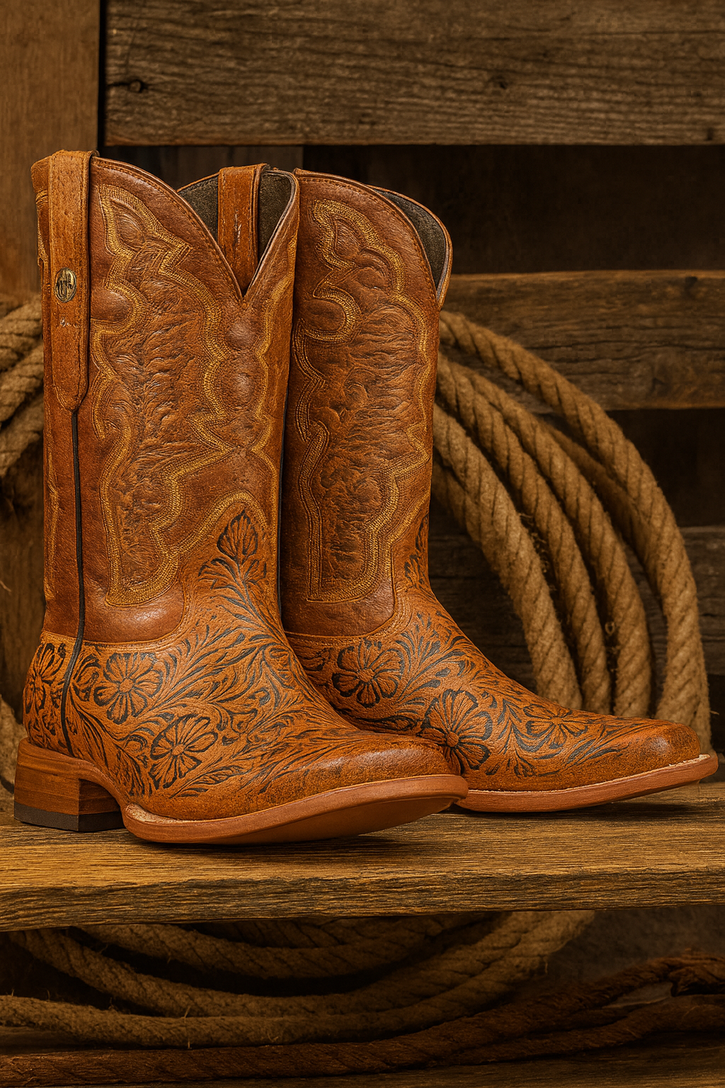 Hand Tooled Cowboy Boots Print - Cognac