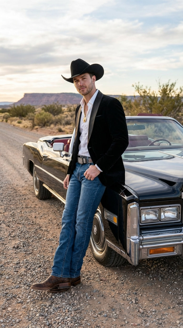 Mens Black Velvet Cowboy Blazer – Western Formal Jacket with Satin Lapel - 34 Short or Extra Small