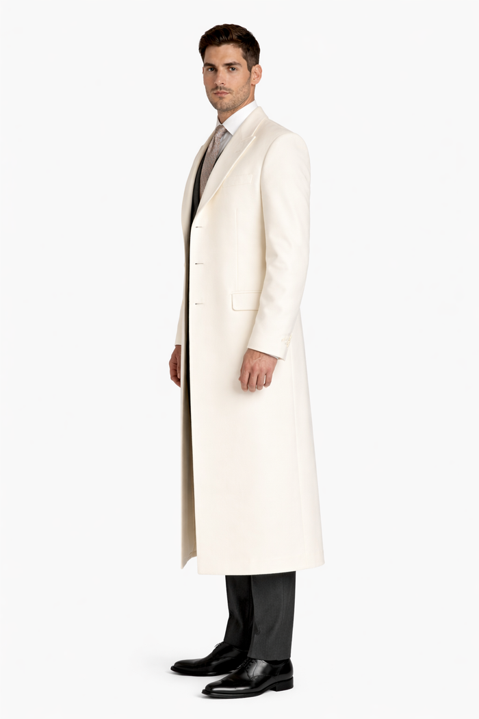 White and Cashmere Mens Overcoat - Full Length Topcoat-New Designer Collection
