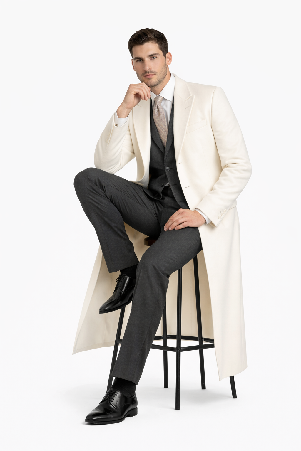 White and Cashmere Mens Overcoat - Full Length Topcoat-New Designer Collection - Coat Size 38
