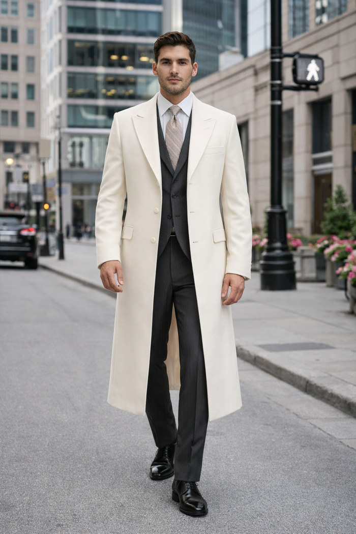 White and Cashmere Mens Overcoat - Full Length Topcoat-New Designer Collection
