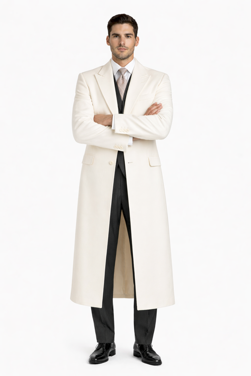 White and Cashmere Mens Overcoat - Full Length Topcoat-New Designer Collection