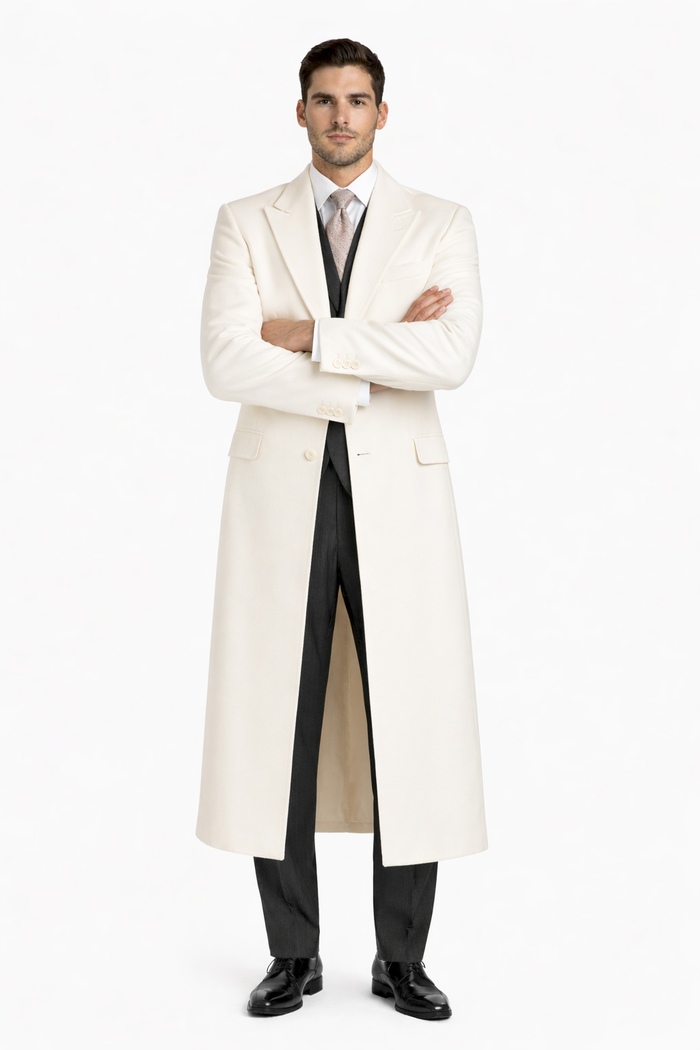 White and Cashmere Mens Overcoat - Full Length Topcoat-New Designer Collection