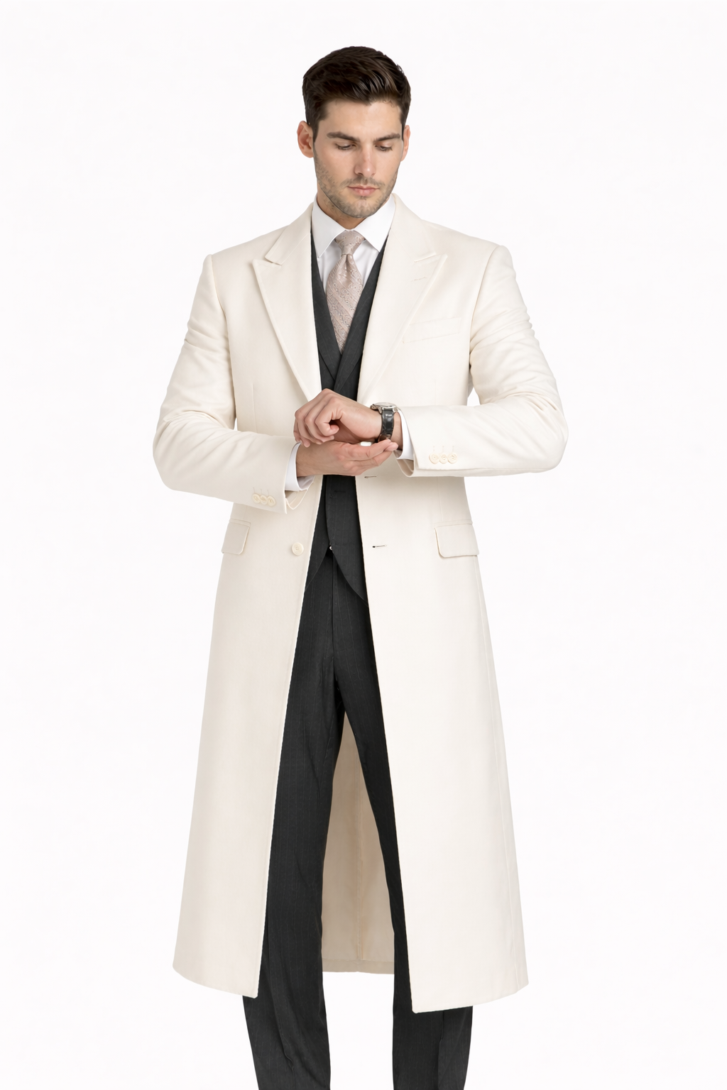 White and Cashmere Mens Overcoat - Full Length Topcoat-New Designer Collection - Coat Size 38