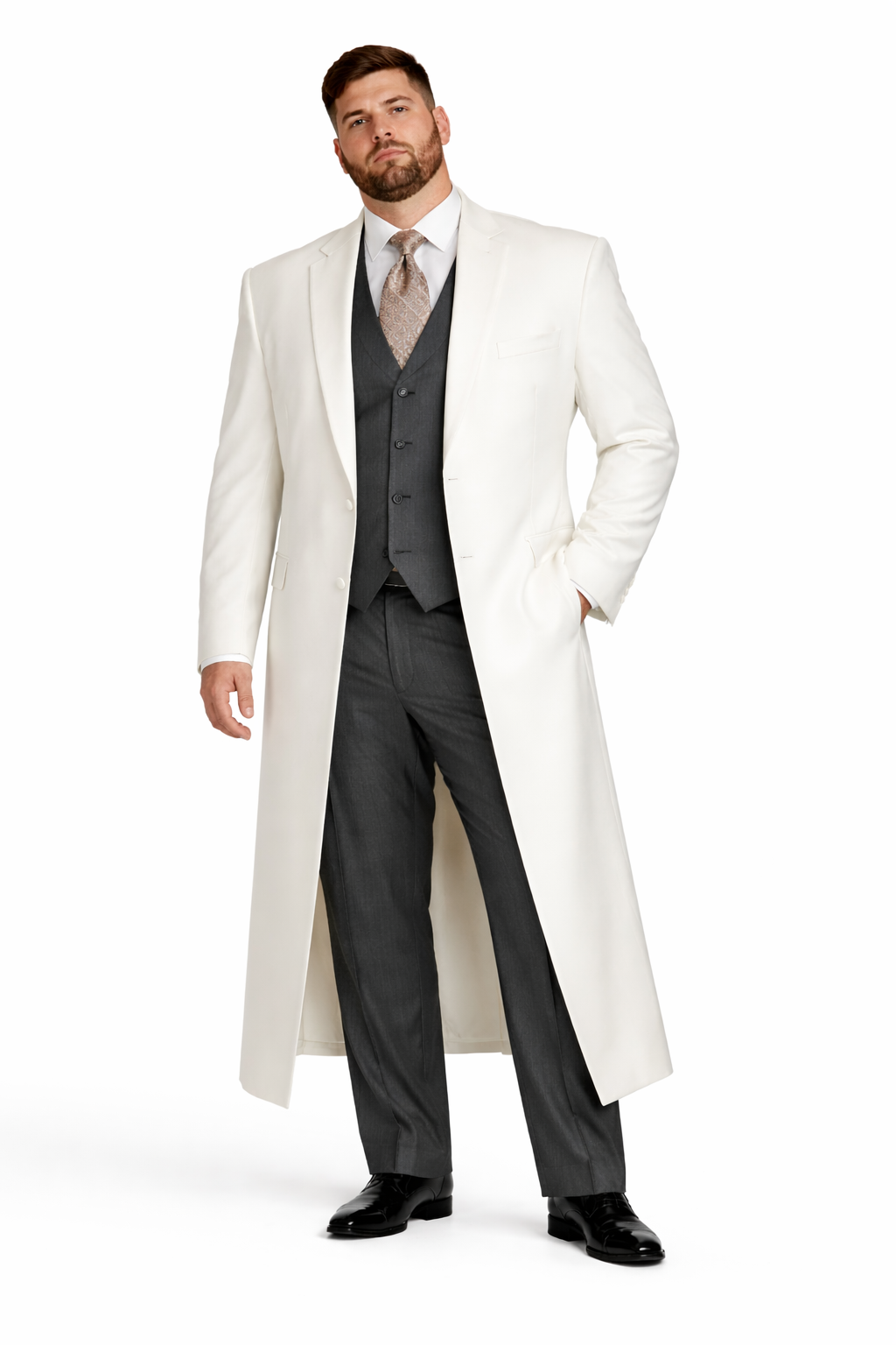 White and Cashmere Mens Overcoat - Full Length Topcoat-New Designer Collection - Coat Size 38