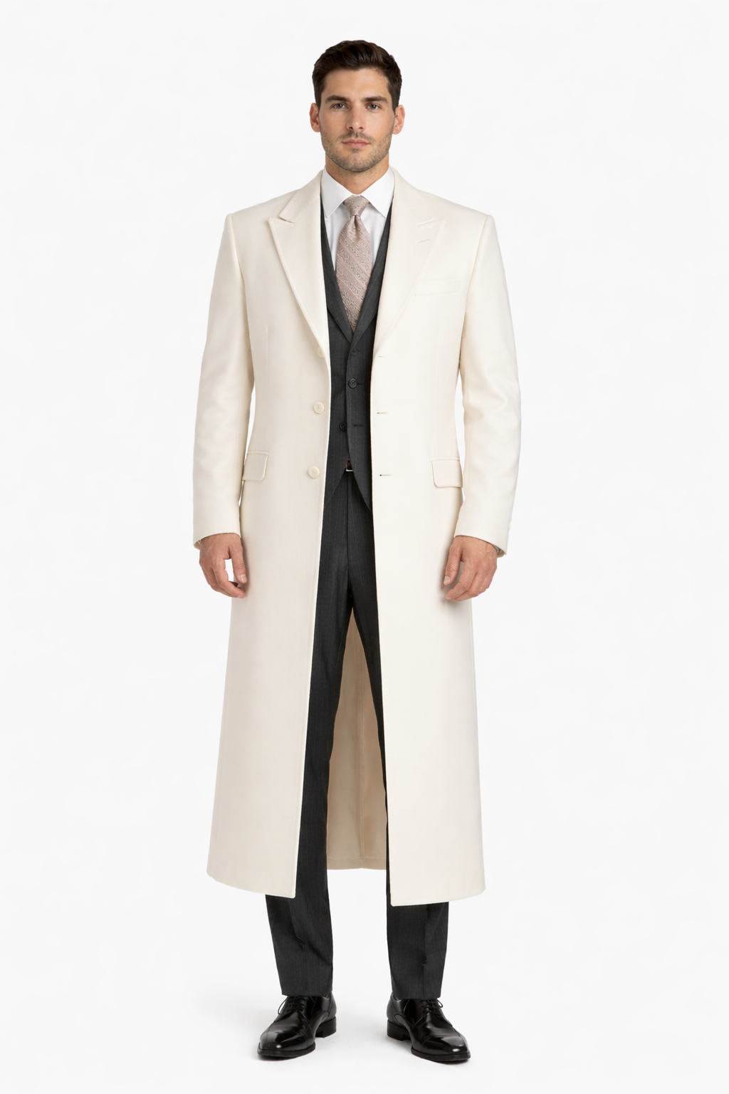 White and Cashmere Mens Overcoat - Full Length Topcoat-New Designer Collection - Coat Size 38