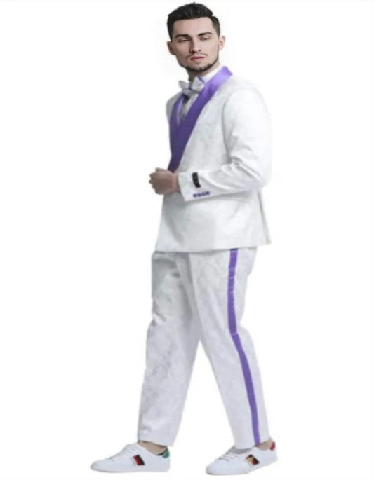 Mens White and Purple Tuxedo - White Wedding Suit