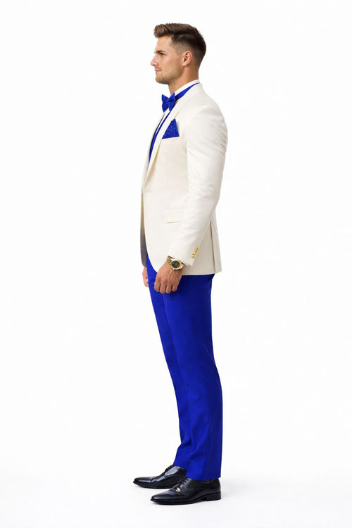 White and Royal Blue Tuxedo Wedding Suit - White Dinner Jacket + Vest + Pants + Bow-tie-New Designer Collection