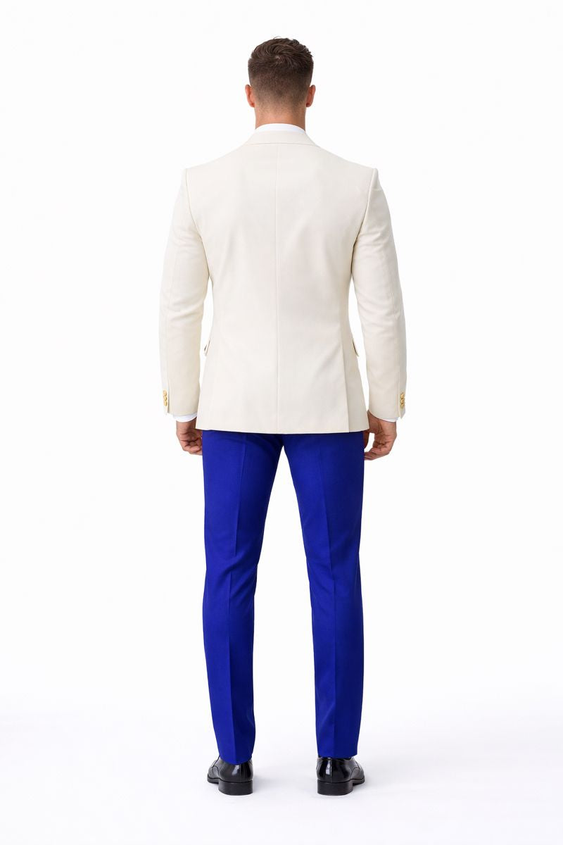 White and Royal Blue Tuxedo Wedding Suit - White Dinner Jacket + Vest + Pants + Bow-tie-New Designer Collection - 34 Short or Extra Small