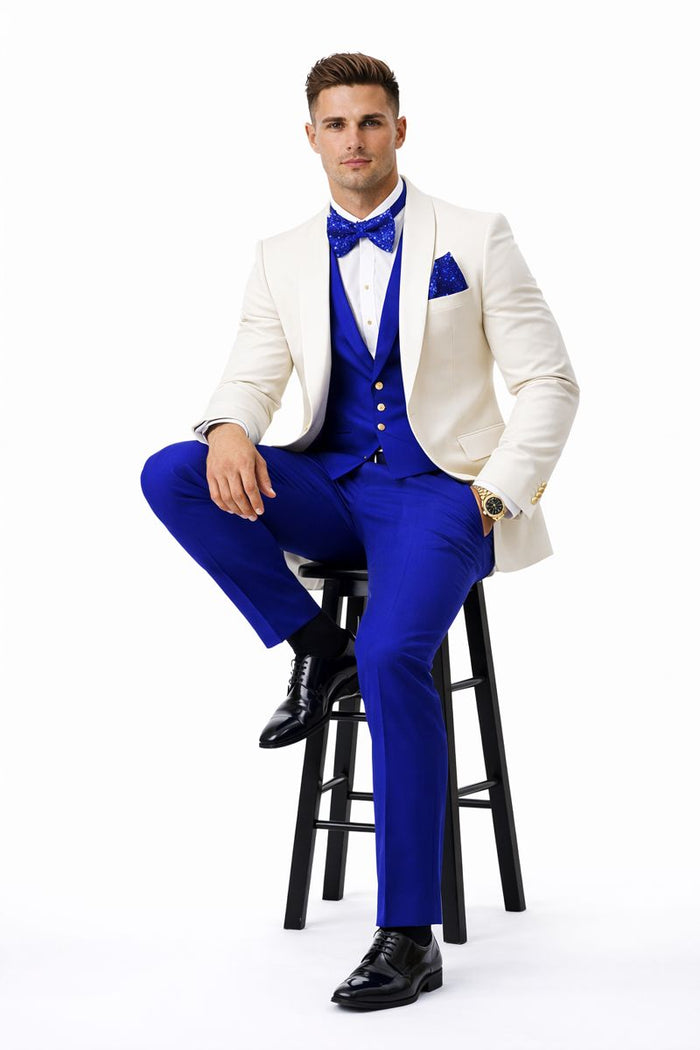 White and Royal Blue Tuxedo Wedding Suit - White Dinner Jacket + Vest + Pants + Bow-tie-New Designer Collection