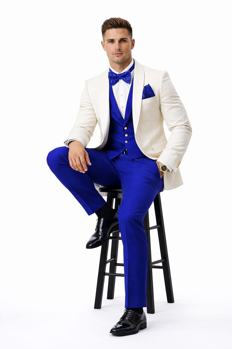 White and Royal Blue Tuxedo Wedding Suit - White Dinner Jacket + Vest + Pants + Bow-tie-New Designer Collection - 34 Short or Extra Small