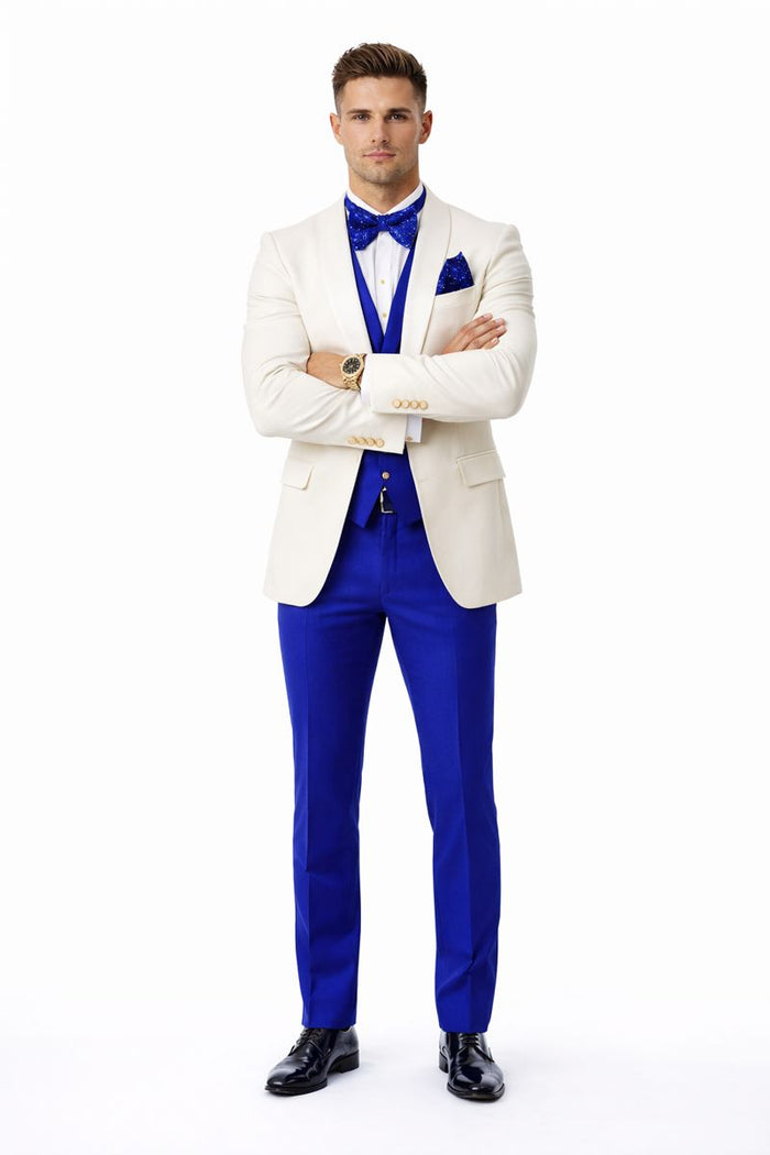 White and Royal Blue Tuxedo Wedding Suit - White Dinner Jacket + Vest + Pants + Bow-tie-New Designer Collection