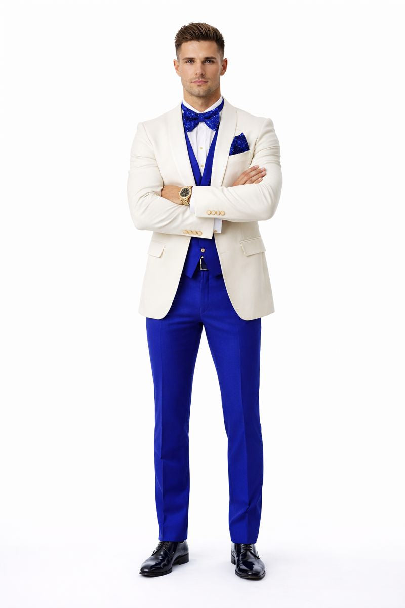 White and Royal Blue Tuxedo Wedding Suit - White Dinner Jacket + Vest + Pants + Bow-tie-New Designer Collection - 34 Short or Extra Small