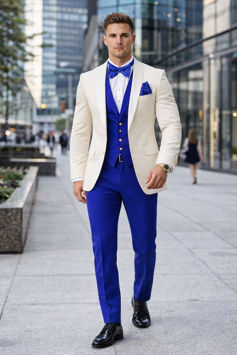 White and Royal Blue Tuxedo Wedding Suit - White Dinner Jacket + Vest + Pants + Bow-tie-New Designer Collection - 34 Short or Extra Small