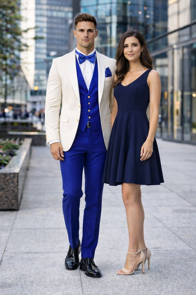 White and Royal Blue Tuxedo Wedding Suit - White Dinner Jacket + Vest + Pants + Bow-tie-New Designer Collection - 34 Short or Extra Small