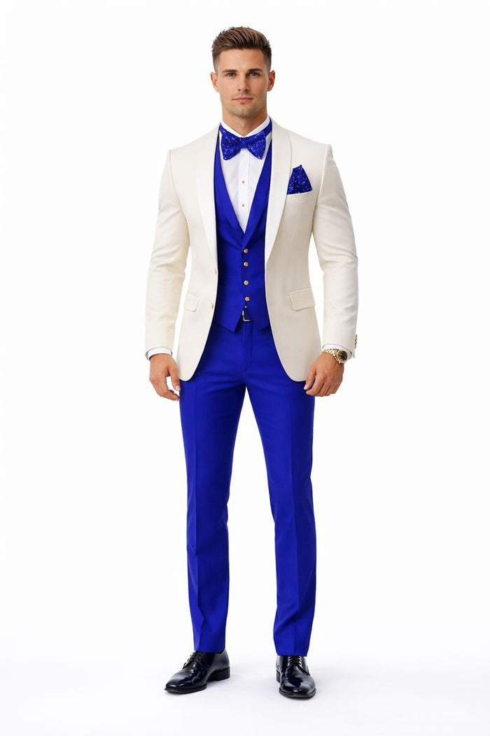 White and Royal Blue Tuxedo Wedding Suit - White Dinner Jacket + Vest + Pants + Bow-tie-New Designer Collection