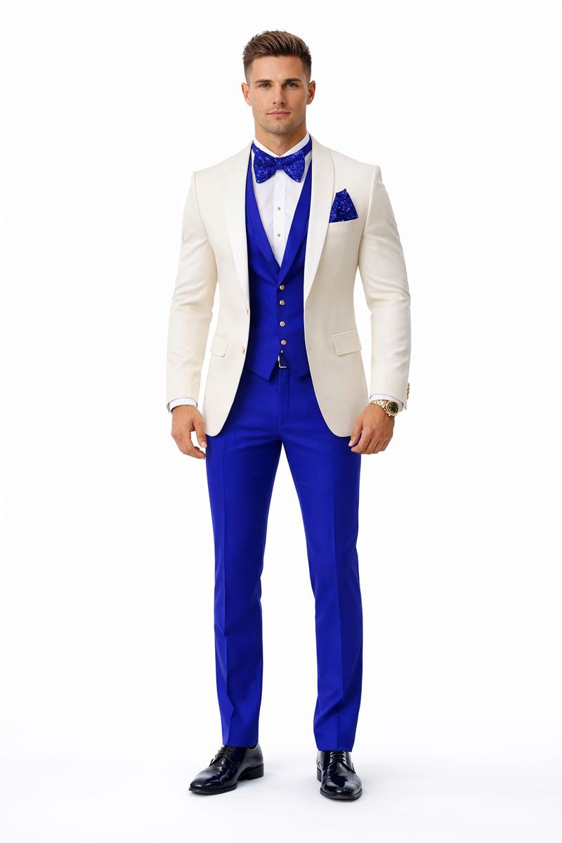 White and Royal Blue Tuxedo Wedding Suit - White Dinner Jacket + Vest + Pants + Bow-tie-New Designer Collection - 34 Short or Extra Small
