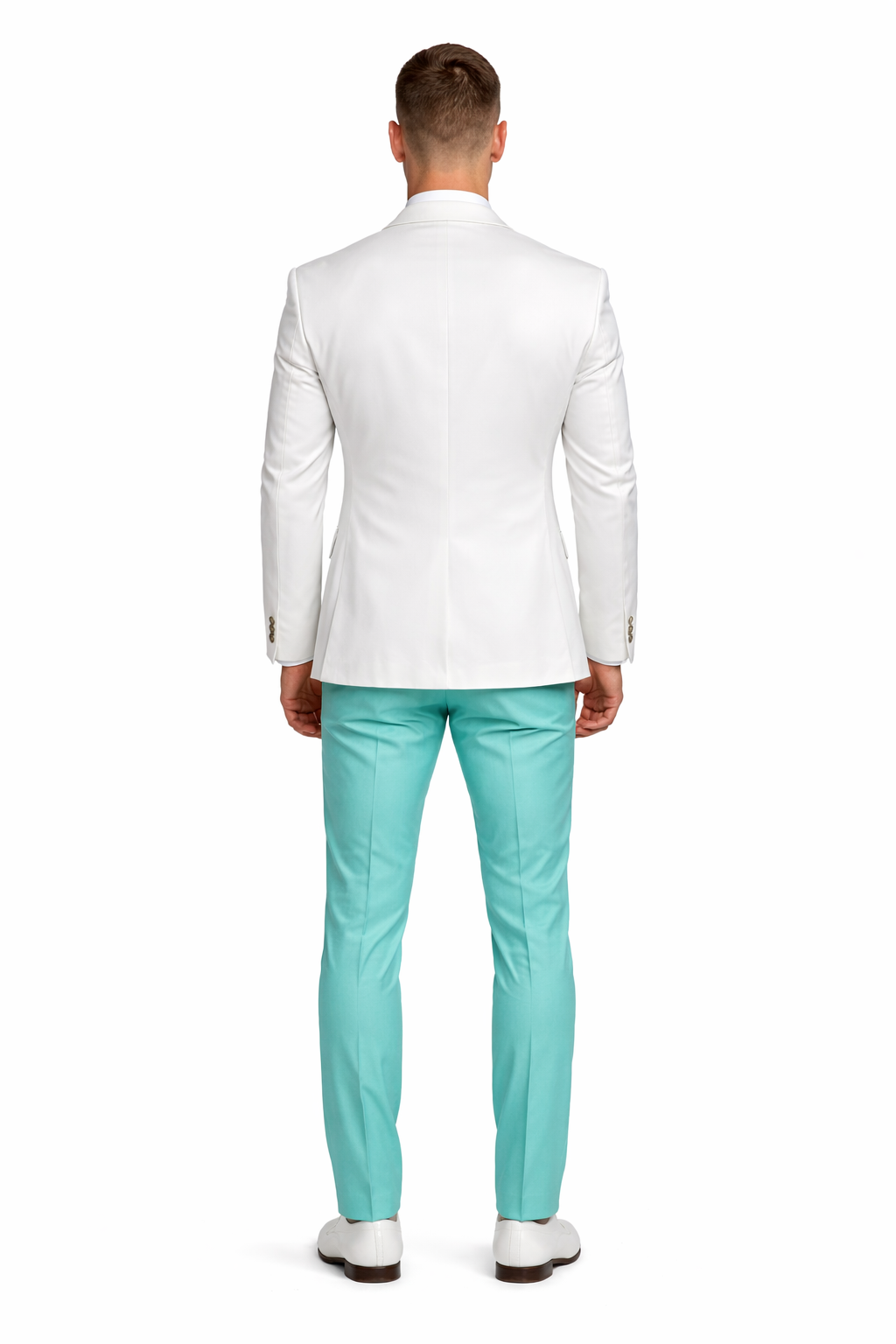 White and Turquoise Tuxedo Wedding Suit - White Dinner Jacket + Vest + Pants + Bow-tie-New Designer Collection - 34 Short or Extra Small