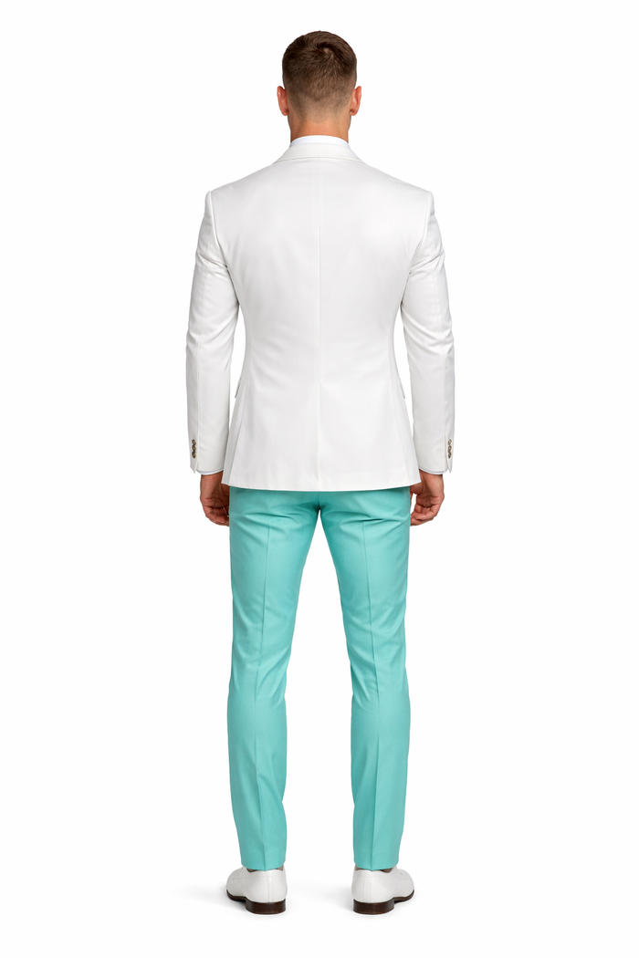 White and Turquoise Tuxedo Wedding Suit - White Dinner Jacket + Vest + Pants + Bow-tie-New Designer Collection