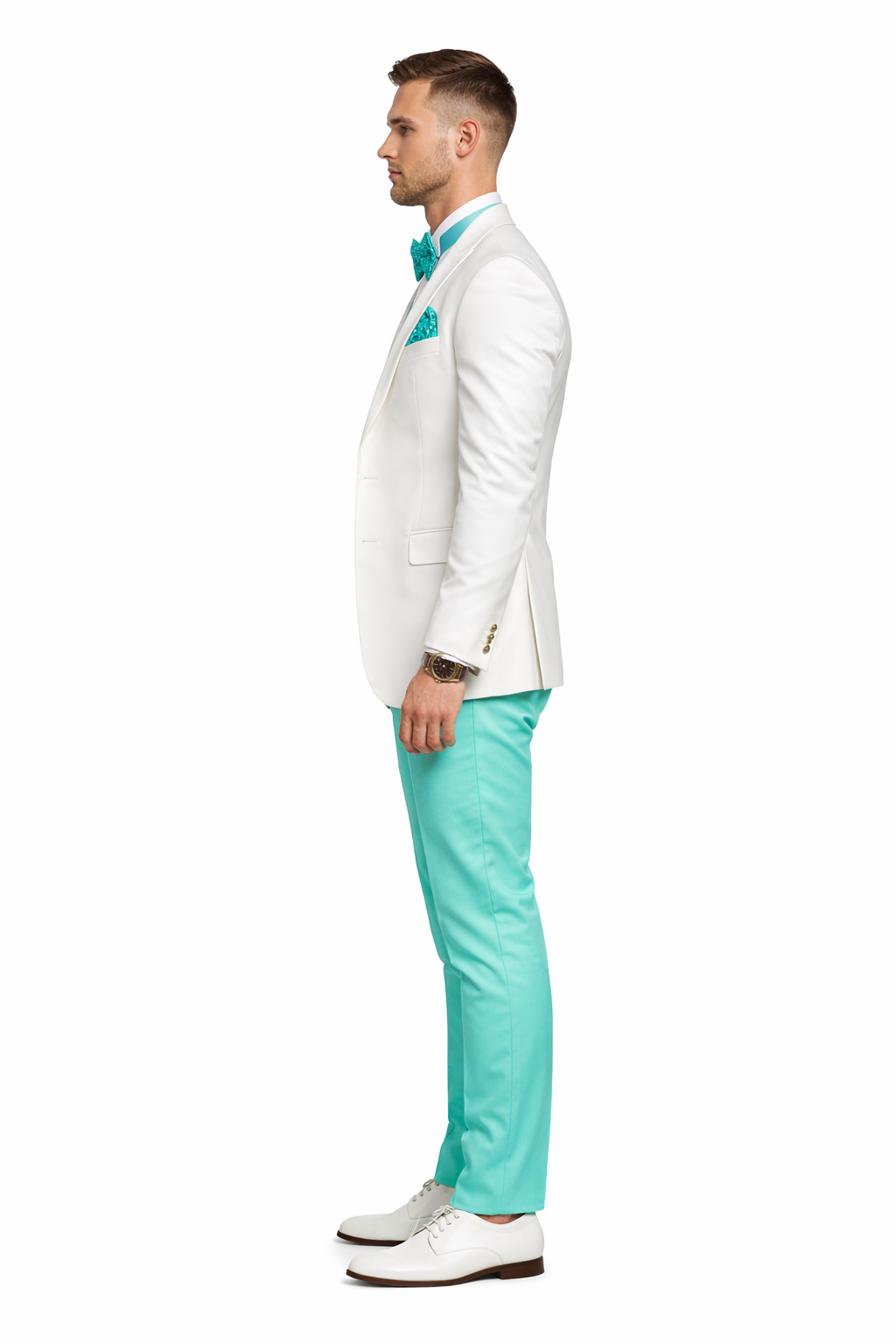 White and Turquoise Tuxedo Wedding Suit - White Dinner Jacket + Vest + Pants + Bow-tie-New Designer Collection - 34 Short or Extra Small
