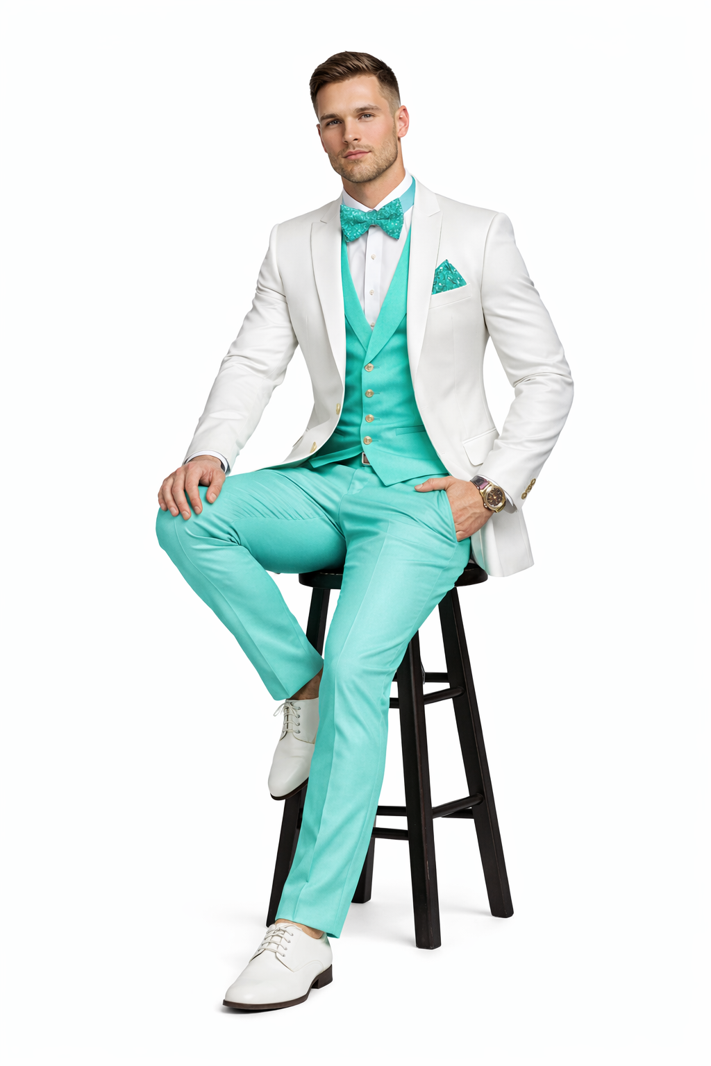 White and Turquoise Tuxedo Wedding Suit - White Dinner Jacket + Vest + Pants + Bow-tie-New Designer Collection - 34 Short or Extra Small