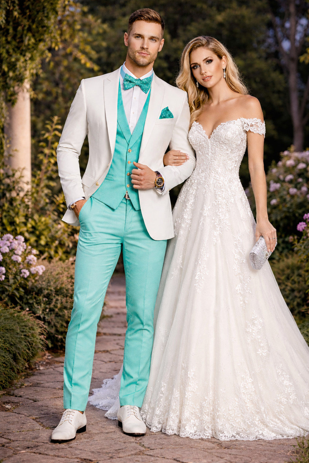 White and Turquoise Tuxedo Wedding Suit - White Dinner Jacket + Vest + Pants + Bow-tie-New Designer Collection - 34 Short or Extra Small