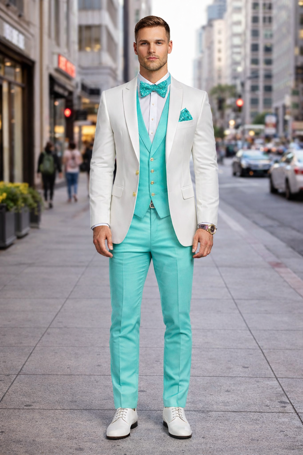 White and Turquoise Tuxedo Wedding Suit - White Dinner Jacket + Vest + Pants + Bow-tie-New Designer Collection - 34 Short or Extra Small