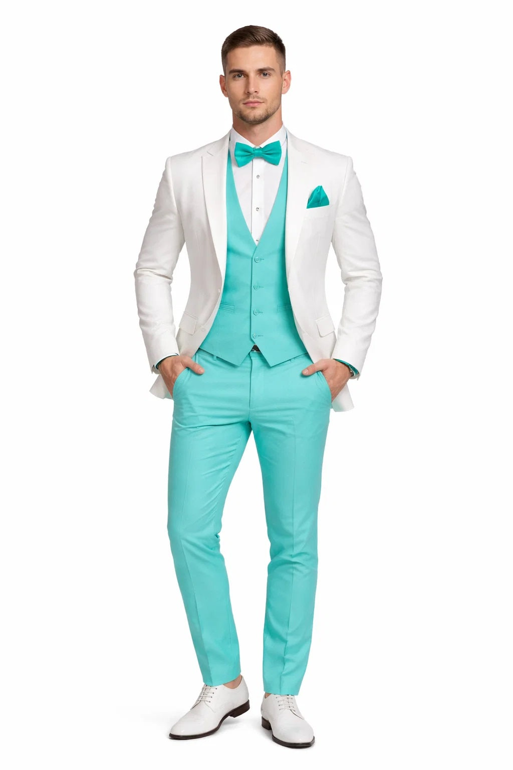 White and Turquoise Tuxedo Wedding Suit - White Dinner Jacket + Vest + Pants + Bow-tie-New Designer Collection - 34 Short or Extra Small